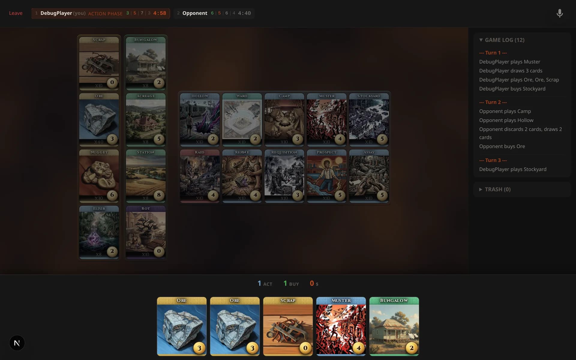Muster game running on desktop — lineup of cards, hand, scoreboard.