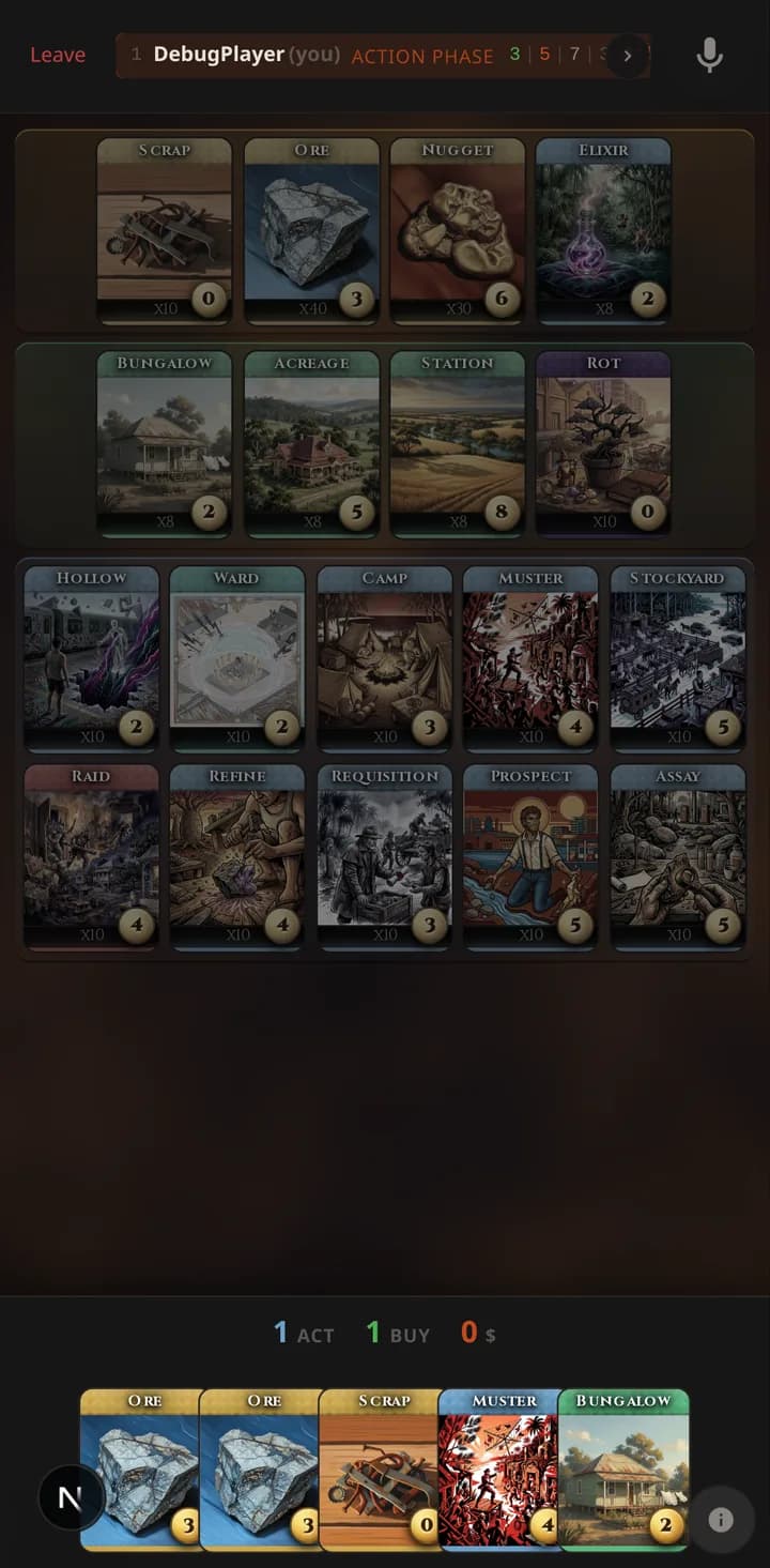 Muster game on mobile — touch-friendly hand and supply.